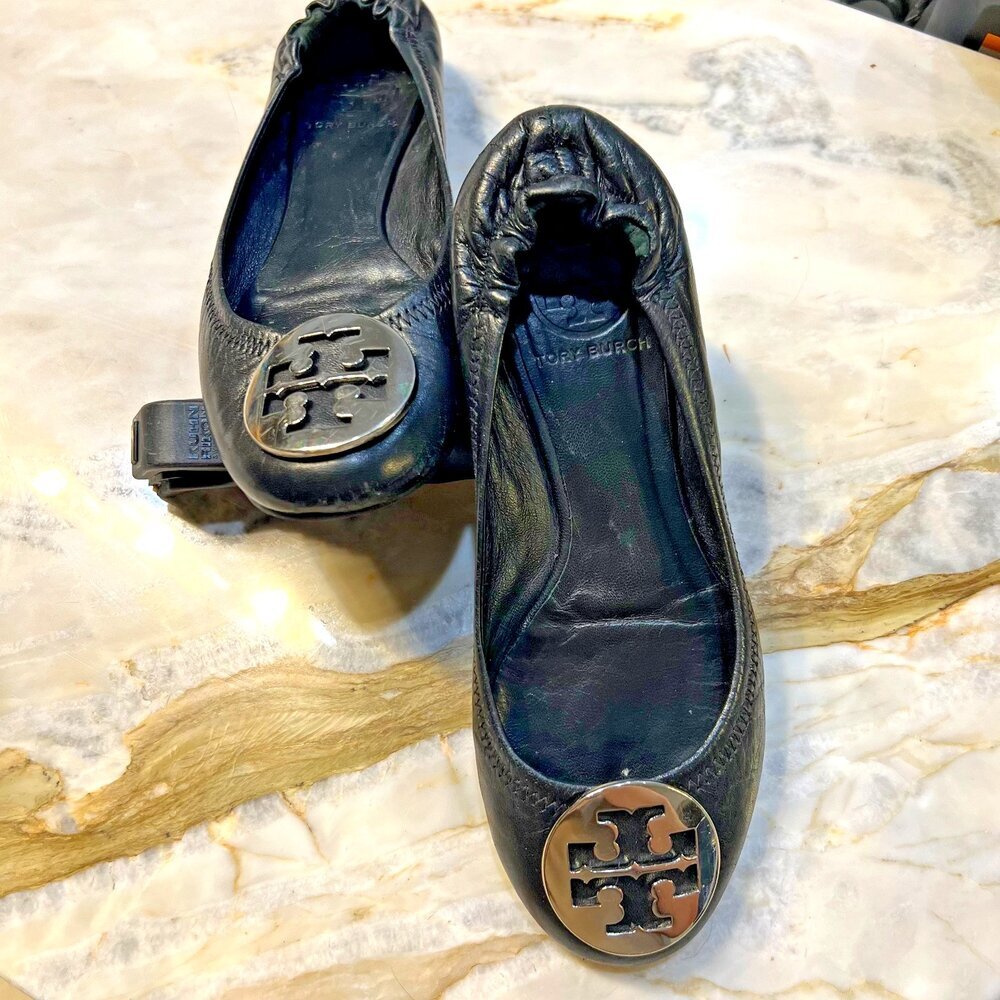 Tory Burch Reva Leather Black Silver Logo Ballet Flats Shoe Women's 6.5 - Picture 12 of 16
